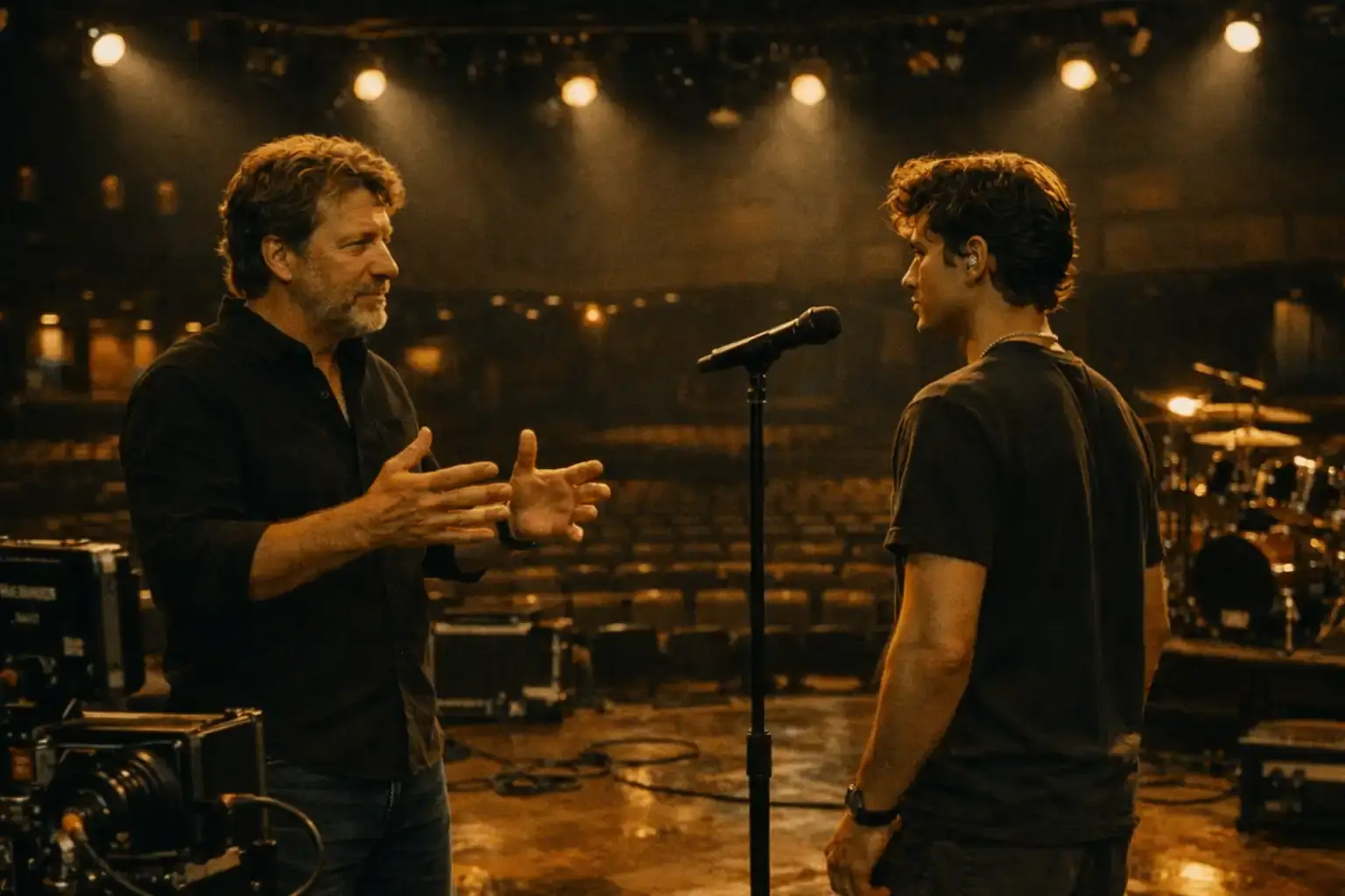 Melcon Wagner coaching a vocalist on stage